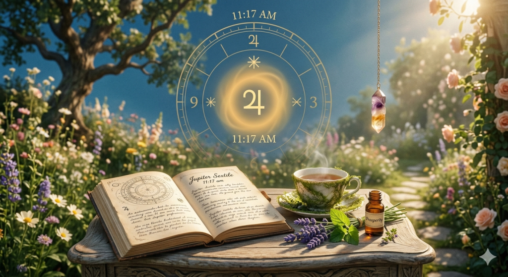 A wooden garden table holding an open spellbook, a steaming cup of herbal tea, a small bottle of prosperity oil, and a sprig of fresh herbs, set against a blurred, sunlit garden background with a faint, golden astrological symbol of Jupiter floating above.