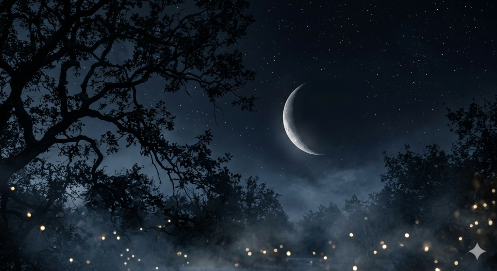 A dark night sky showing a thin, silver Waning Crescent moon framed by the black, silhouetted branches of an old oak tree, with gentle smoke and soft glowing lights in the foreground.