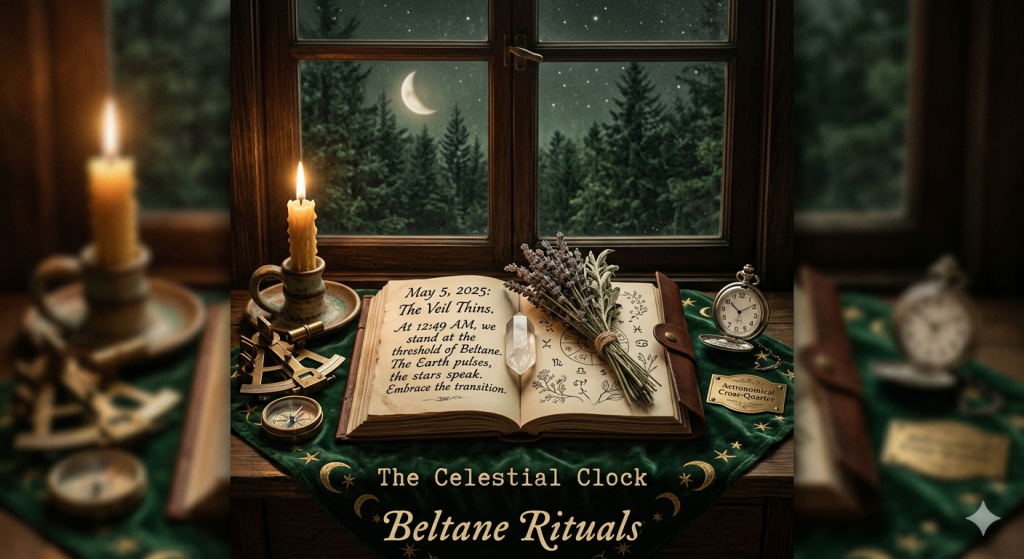 A witchy aesthetic setup on a wooden table featuring an open vintage book with text about the May 5, 2025, cross-quarter, a lit candle, a bundle of lavender, a crystal, and a pocket watch showing midnight against a window view of a pine forest and crescent moon.