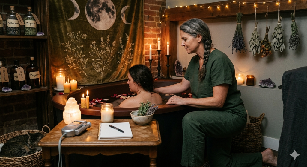 A serene scene of a modern midwife in green scrubs kneeling by a birthing person in a copper tub filled with rose petals. The room is dimly lit by candles and features a moon phase tapestry, dried hanging herbs, and jars of botanicals on wooden shelves.