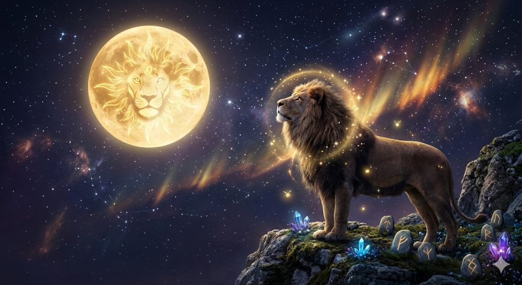 A majestic lion stands on a rocky cliff under a starlit sky, looking up at a giant glowing moon that features a lion’s face and the Leo zodiac symbol, surrounded by magical crystals and ancient rune stones.