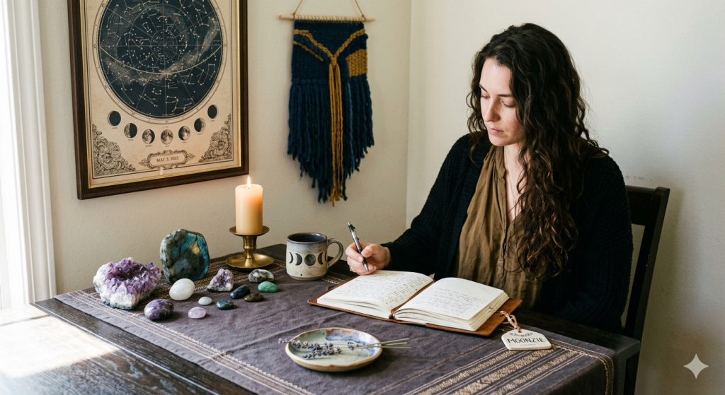 A woman with long dark hair sits at a wooden table, writing in a leather-bound journal. The table is adorned with a purple cloth, various crystals like amethyst and labradorite, a lit candle, and a mug with moon phases. An astrological calendar and a blue woven wall hanging are visible in the background.