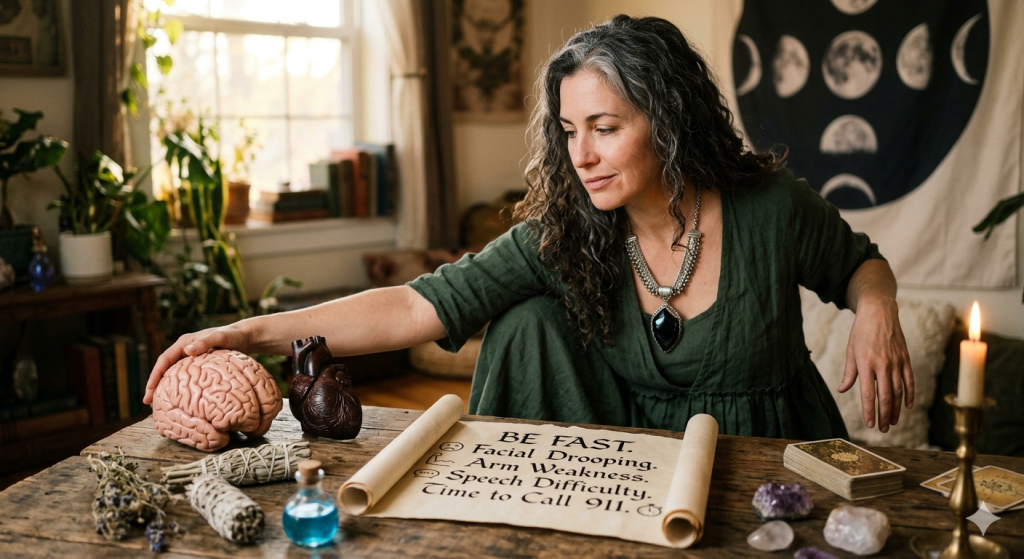 A woman with curly hair in a green dress sits at a wooden table with a brain model, a heart model, and an unfurled parchment scroll that lists "BE FAST" stroke symptoms.