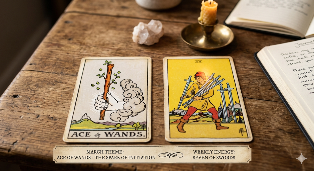 Two tarot cards, the Ace of Wands and the Seven of Swords, lying flat on a rustic wooden desk next to a lit candle, a crystal, and an open journal.