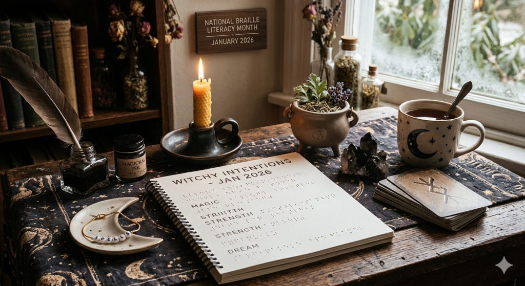A close-up photograph of a rustic wooden desk covered with a celestial-patterned cloth. On the desk are various items: a spiral-bound notebook open to a page with embossed Braille and text titled 'WITCHY INTENTIONS - JAN 2026', a wooden sign that reads 'NATIONAL BRAILLE LITERACY MONTH JANUARY 2026', a quill pen, 'MAGICKAL INK', a lit candle, a small cauldron with plants, a dark crystal, tarot cards, a crescent moon dish, and a celestial-patterned mug with tea.