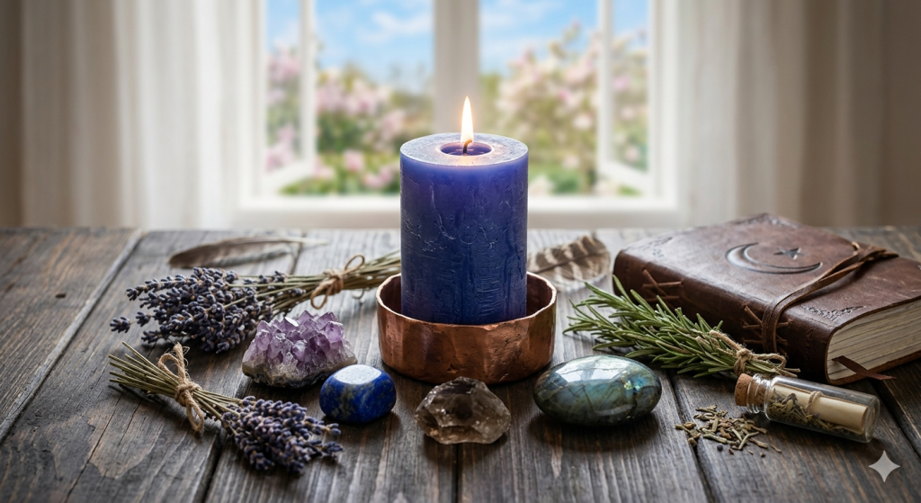 A visually rich flat lay of a magical workspace, featuring a burning blue candle, an amethyst geode, dried lavender bundles, and various polished crystals, all resting on dark, weathered wood.