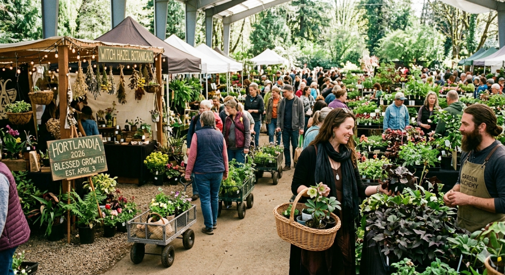 A bustling outdoor plant market in Portland with people pulling wagons of greenery. In the foreground, a woman in a dark scarf holds a wicker basket of flowers while a man at a "Garden Alchemy" booth smiles. A wooden sign reads "Hortlandia 2026: Blessed Growth."
