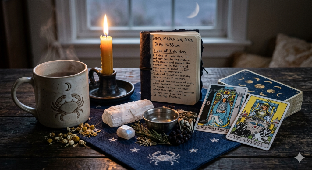 A cozy, mystical morning altar on a dark wooden table. A ceramic mug with a Cancer crab symbol sits next to a glowing candle, a journal opened to March 25, 2026, and a small bowl of moon water. The High Priestess and The Chariot tarot cards are laid out alongside selenite and dried herbs. In the background, a soft crescent moon is visible through a window at dawn.
