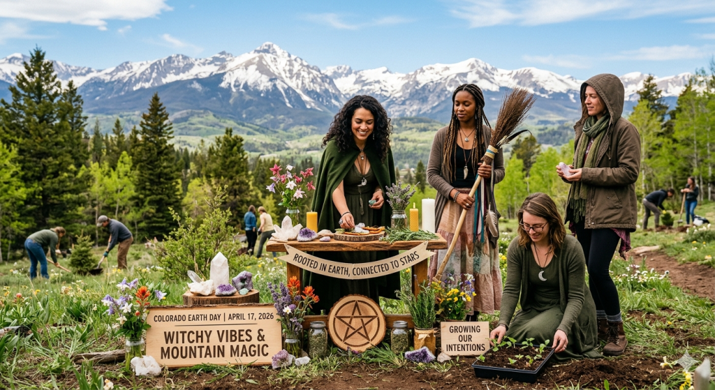 A group of women in nature setting up an outdoor altar with crystals and herbs, planting seedlings, and holding a broom against a backdrop of snow-capped mountains. Banners and wooden signs read "Colorado Earth Day | April 17, 2026", "Witchy Vibes & Mountain Magic", "Rooted in Earth, Connected to Stars", and "Growing Our Intentions".