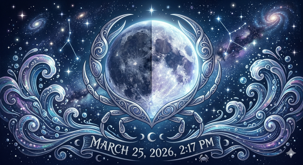 A mystical digital illustration of a First Quarter Moon centered within ornate, silver-filigree crab claws. The scene is set against a deep indigo cosmic background filled with stars, nebulae, and swirling oceanic waves. A decorative banner at the bottom displays the text "MARCH 25, 2026, 2:17 PM" in an elegant serif font.