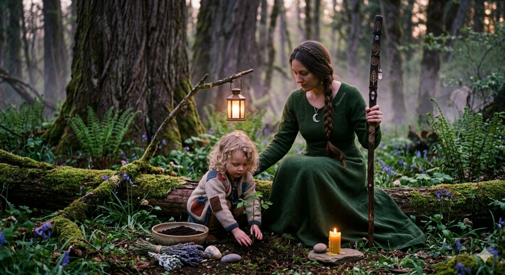 A woman in a green gown and a young child in a patched cardigan kneel in a misty, bluebell-filled forest, planting a tiny sapling together. The woman, with a crescent moon necklace and a carved staff, watches the child work. Nearby, a lantern hangs, and a candle glows on a flat stone.