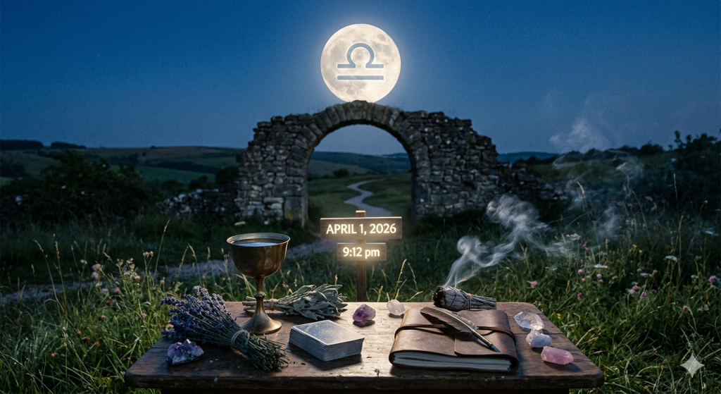A mystical outdoor altar at dusk featuring a tarot deck, crystals, and a leather journal under a glowing Libra full moon positioned over a stone archway.