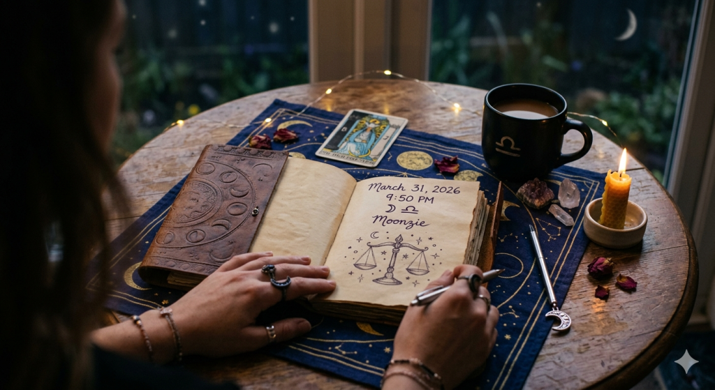 A close-up, cozy overhead shot of a person writing in a leather-bound grimoire. The page shows the date March 31, 2026, 9:50 PM, the Libra moon symbol, and the name Moonzie. Nearby are a tarot card, a black mug with a Libra symbol, crystals, and a flickering beeswax candle.