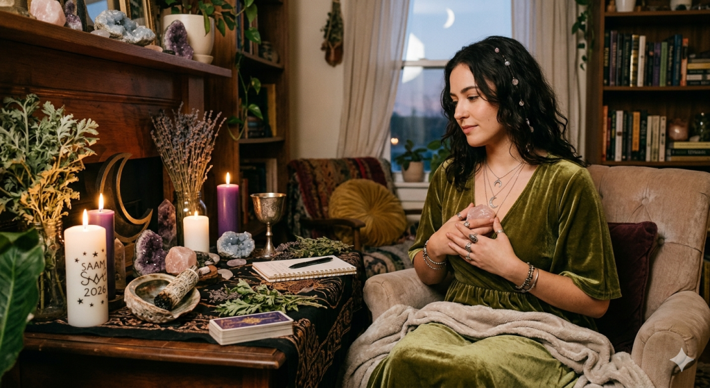 A young woman with wavy dark hair wears an olive green crushed velvet wrap dress, silver layered crescent moon necklaces, and rings on most fingers. She is seated in a tufted cream armchair with her eyes closed, pressing both hands against a large heart-shaped piece of polished rose quartz resting on her chest. Her legs are covered by a soft gray blanket. She is positioned to the right of an ornate, antique wooden mantlepiece which serves as an altar. The mantle is densely decorated with bunches of dried lavender, purple sage, and white candle holders, including a large white pillar candle in the foreground inscribed with “SAAM” and “2026” surrounded by stars and crescent moons. Various amethyst and rose quartz crystals, a silver chalice, a smudging bowl with sage, a tarot deck, and an open notebook with a quill pen rest on the black altar cloth covered mantle. In the background, there is a window with a sheer white curtain showing a dark night sky with a large, bright crescent moon, and tall bookshelves filled with many books and more potted plants.