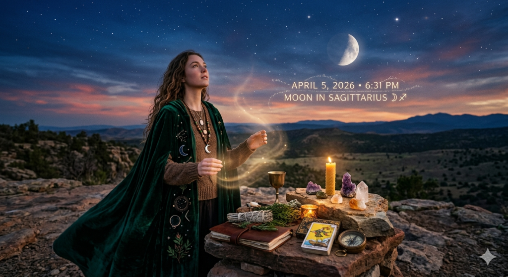 A mystical twilight photograph capturing a woman in a deep green velvet cloak performing a lunar ritual on a rocky mountainside. She is gazing up at a crescent moon in a starry sky. Beside her, a rustic stone altar holds candles, crystals, herbs, tarot cards, a chalice, and a compass. Glowing energy flows from the altar towards the sky. The image includes glowing text in the upper right corner: "APRIL 5, 2026 • 6:31 PM • MOON IN SAGITTARIUS ☽♐".