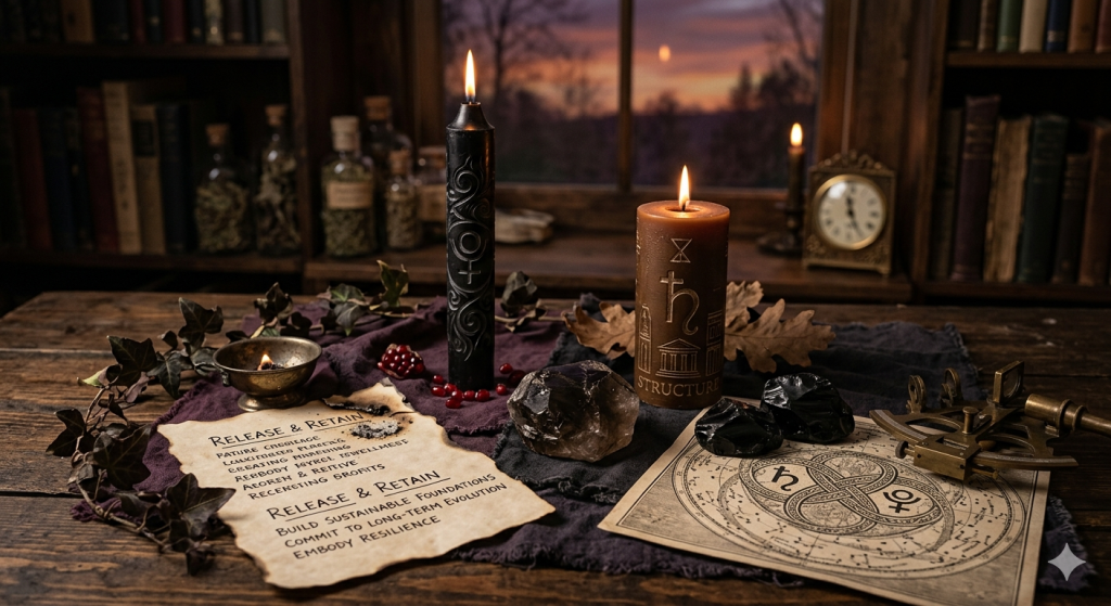 A moody, witchy altar on a rustic wooden table featuring a tall black candle carved with Pluto’s symbol and a thick brown candle carved with Saturn’s symbol and the word 'Structure.' The scene includes a charred 'Release & Retain' list on parchment, large smoky quartz and obsidian crystals, and an antique celestial map under a sunset window.