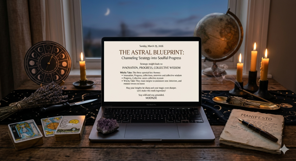 A mystical workspace featuring a laptop displaying a blog post titled "The Astral Blueprint," surrounded by tarot cards, glowing candles, an amethyst crystal, dried lavender, and a vintage globe under a moonlit window.