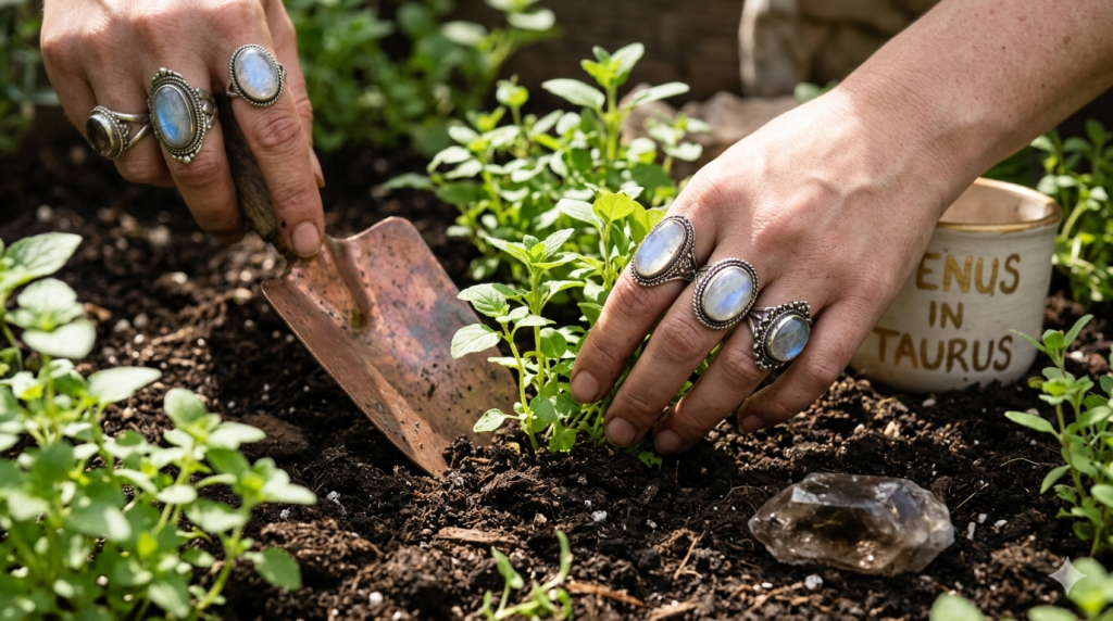 A close-up, high-angle shot of a pair of hands wearing ornate silver and moonstone rings, gently tending to a green herb plant in dark, fertile soil. A copper trowel is being used to settle the earth, while a smoky quartz crystal sits nearby. In the background, a small ceramic pot features the handwritten words "Venus in Taurus."