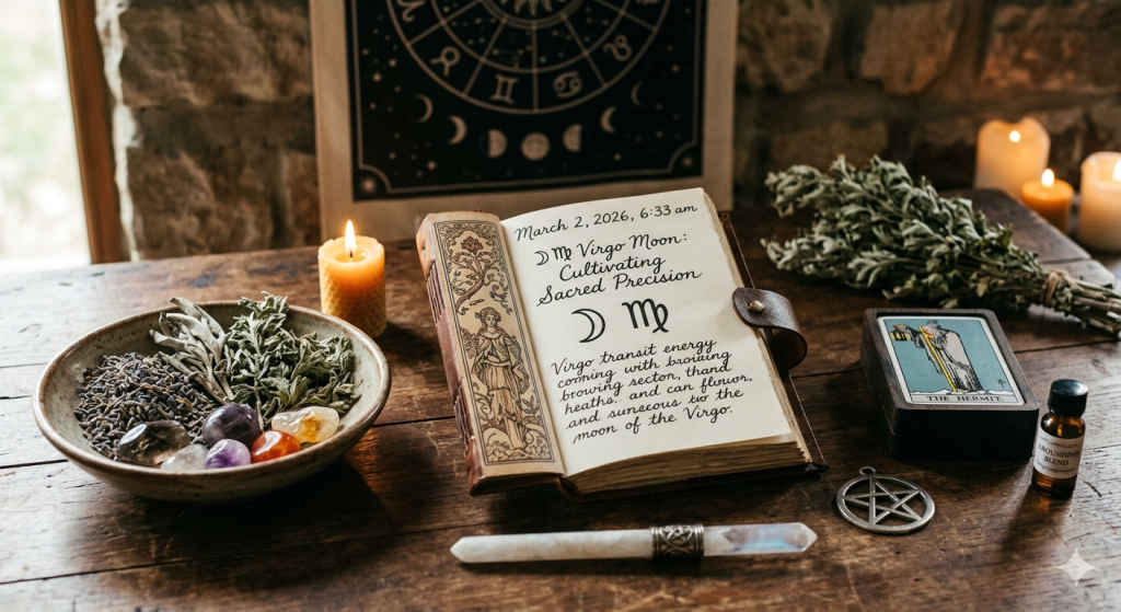 An open vintage journal on a wooden table displays handwritten notes about the Virgo Moon transit, surrounded by ritual items including a bowl of dried herbs and crystals, a tarot card of The Hermit, a pentacle, and lit candles.