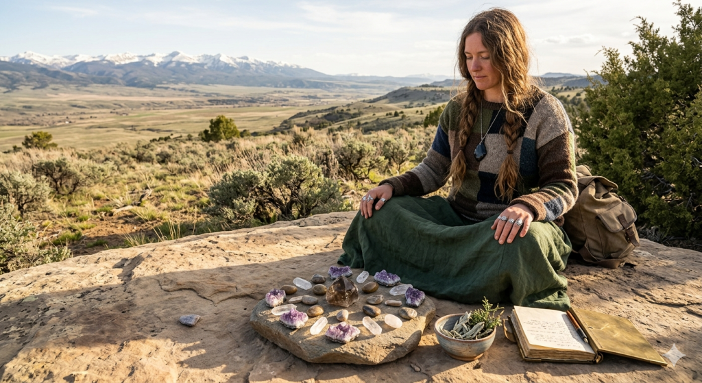 A woman with long brown hair, wearing a green skirt and a cozy sweater, sits cross-legged on a sandstone outcrop in a wild Wyoming landscape. She is surrounded by a carefully arranged outdoor crystal grid of amethyst, clear quartz, and polished stones, with a small ceramic bowl and an open journal nearby. Snow-capped mountains are visible on the distant horizon.