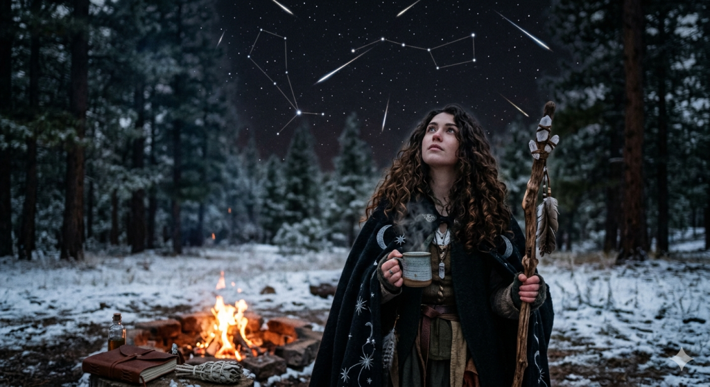A woman with curly hair, wearing a dark cloak embroidered with moons and stars and carrying a staff, looks up at a meteor shower in a snowy forest at night beside a campfire.
