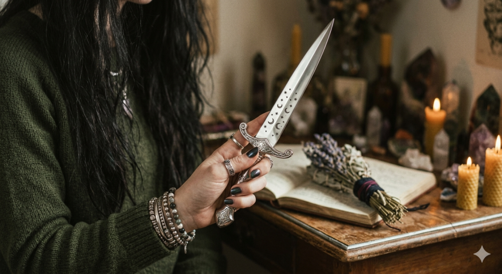 A medium close-up shot focusing on a witch's hand holding up an ornate silver dagger with moon and star etchings, against a blurry background of a crowded, dimly lit pagan altar. Her wrist is covered in bracelets and she wears multiple rings.