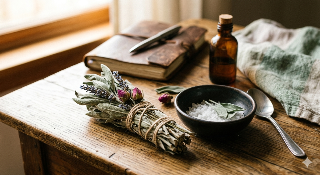A rustic wooden table featuring a handmade bundle of dried sage, lavender, and rosebuds tied with twine, alongside a ceramic bowl of sea salt, an amber glass tincture bottle, and a leather-bound journal.
