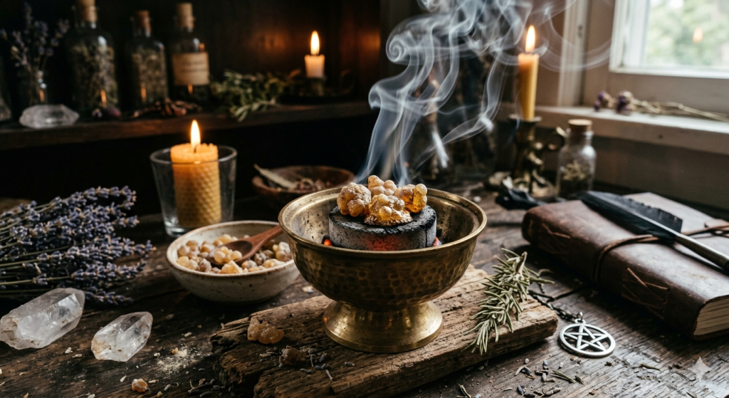 A close-up photograph capturing golden frankincense resin tears actively burning on a charcoal disk within an ornate brass censer, releasing wisps of thick white smoke. The scene is set on a rustic wooden altar adorned with lavender bunches, raw quartz crystals, candles, a pentacle necklace, a rosemary sprig, and an ancient leather journal.