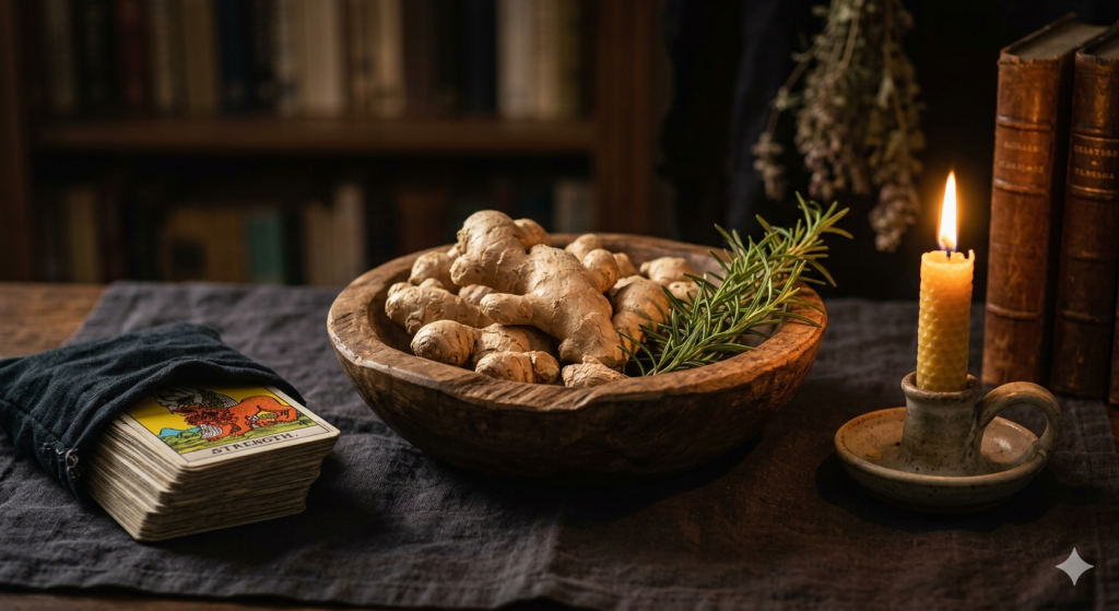 A dark, atmospheric still life featuring a rustic wooden bowl overflowing with fresh ginger roots and a sprig of rosemary. To the left, a Tarot deck in a black pouch shows the Strength card. To the right, a lit honeycomb beeswax candle in a ceramic holder glows next to antique books, all set against a background of a dimly lit library.