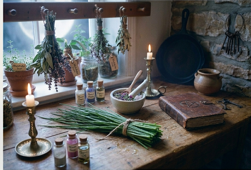 A rustic kitchen scene with fresh chives tied with twine, a ceramic mortar and pestle, a dried herb bundle, a spell book, and a lit candle on a worn wooden table.