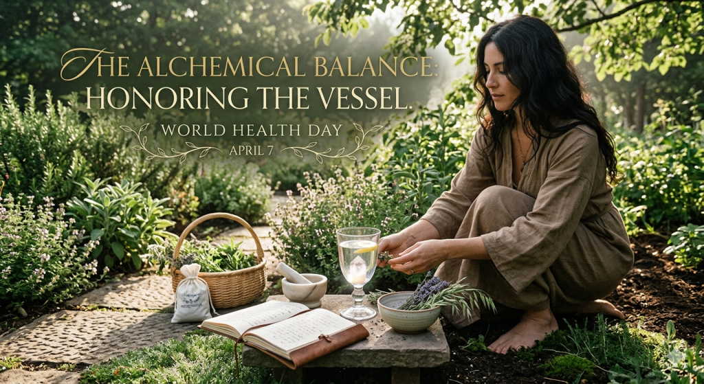 A woman in earthy linen robes kneels in a sun-drenched herb garden, tending to a ritual space with a crystal-infused glass of lemon water, fresh lavender, and an open leather-bound journal. Elegant gold text overlays the scene, commemorating World Health Day on April 7.