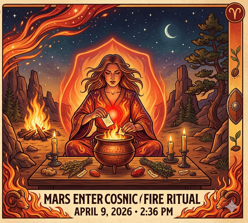 A vibrant, mystical illustration divided into two panels depicting a "Mars Enters Aries" ritual. A practitioner sits before a copper cauldron, burning a slip of paper while a red glow emanates from her solar plexus. The scene is filled with flames, Aries ram symbols, Mars planetary sigils, and ritual elements like ginger and black pepper. A celestial clock in the corner points to 2:36 PM against a backdrop of a fiery night sky.