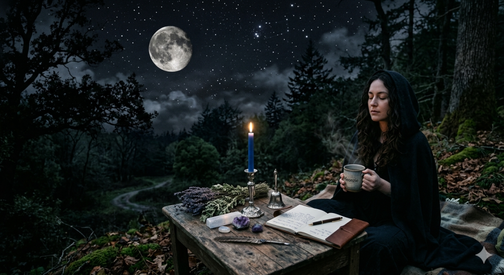 A mystical nighttime scene featuring a woman in a dark hooded cloak sitting at a wooden altar in a forest. A waning gibbous moon hangs in a starry sky above. On the table, a blue candle flickers next to a journal, lavender sprigs, and a steaming mug.