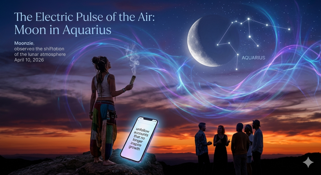 A surreal sunset landscape featuring a large crescent moon and the Aquarius constellation in a starry sky. A woman stands on a rocky peak performing a smoke-cleansing ritual with lavender, while neon electric currents flow through the air. In the foreground, a glowing smartphone displays a "digital declutter" message, and a small group of people gathers below, symbolizing community.