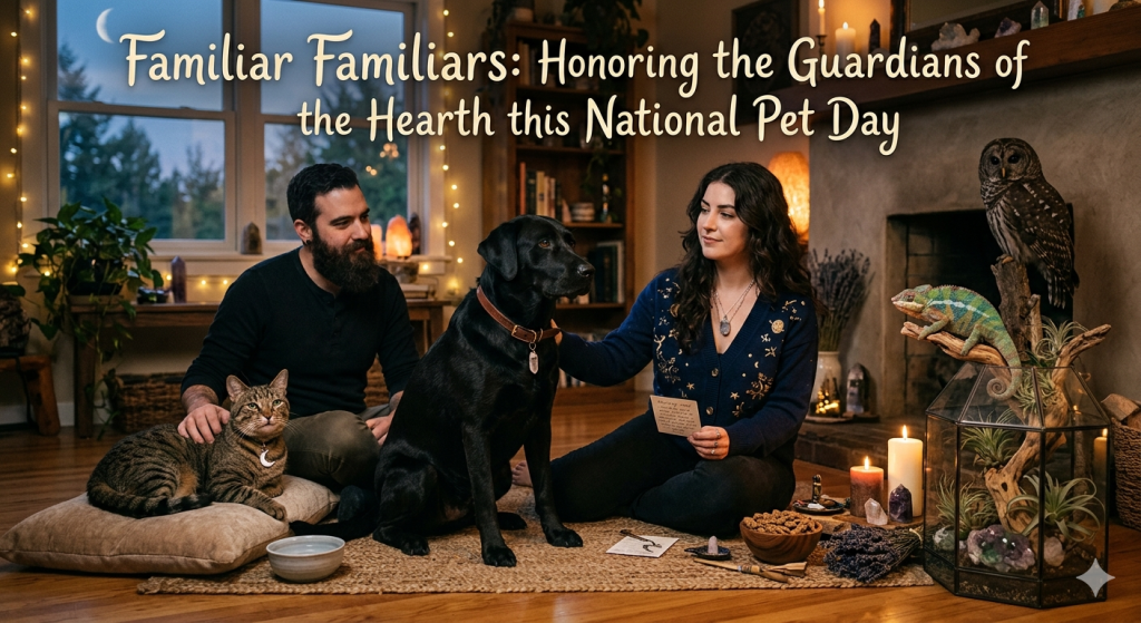 A cozy, dimly lit room where a man and woman sit on a rug with a black dog and a tabby cat. The scene includes mystical elements like crystals, candles, lavender, an owl on the mantel, and a chameleon in a terrarium. Text at the top reads: "Familiar Familiars: Honoring the Guardians of the Hearth this National Pet Day."