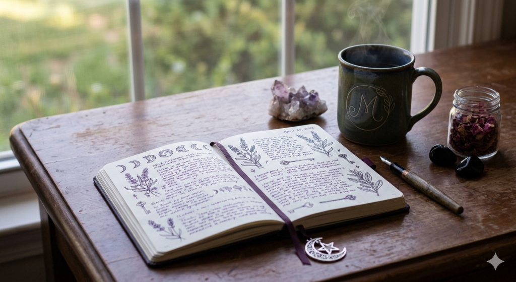 An open journal on a wooden desk featuring handwritten notes and botanical sketches, next to a steaming mug with an "M" monogram, an amethyst crystal cluster, a small jar of dried rose petals, and a fountain pen, set by a window.