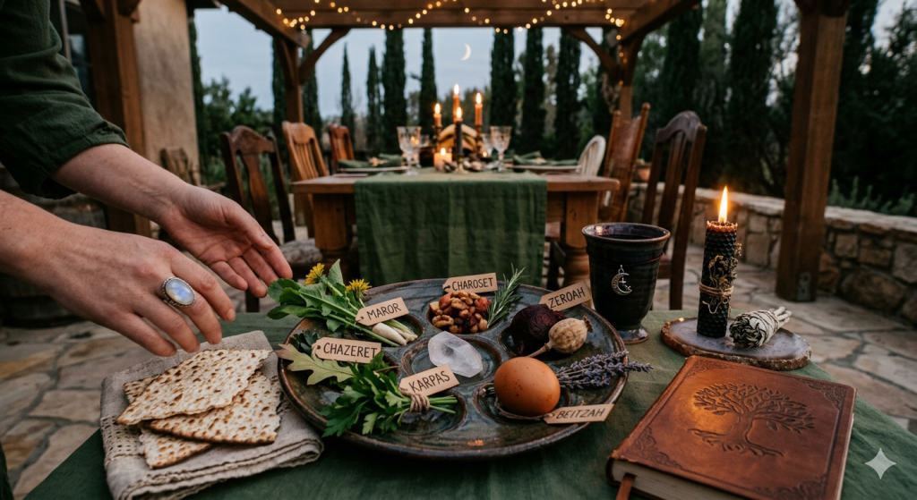 A rustic, witch-inspired Passover Seder plate set on a green linen cloth outdoors at twilight. The plate contains traditional items like bitter herbs, an egg, and nuts, labeled with small tags. A person with a moonstone ring is placing matzah on the table, which also features a leather-bound book, a beeswax candle, and a smudge stick.