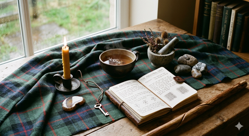 A cozy, witchy wooden windowsill featuring a green and blue tartan cloth, a lit beeswax candle, a cup of herbal tea, and an open leather-bound journal titled "The Ancestral Loom" with sketches of weaving patterns.