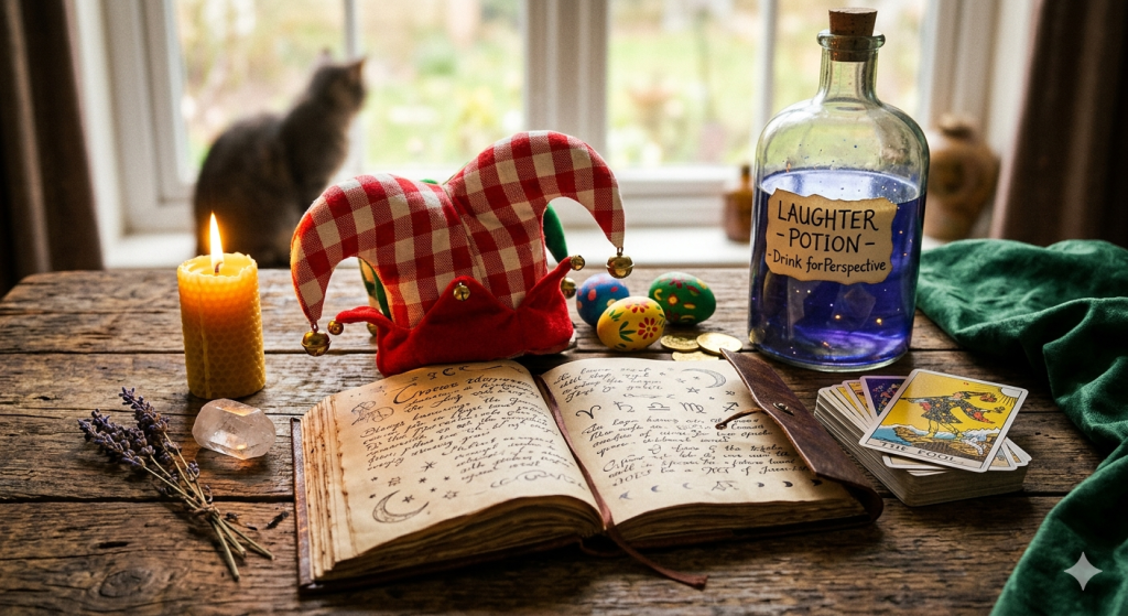 A cozy, witchy still life on a wooden table featuring an open grimoire, a flickering beeswax candle, and a red-and-white checkered jester’s hat. Beside the hat is a tarot deck with The Fool card visible and a blue glass bottle labeled "Laughter Potion." A fluffy grey cat sits in the background by a window.