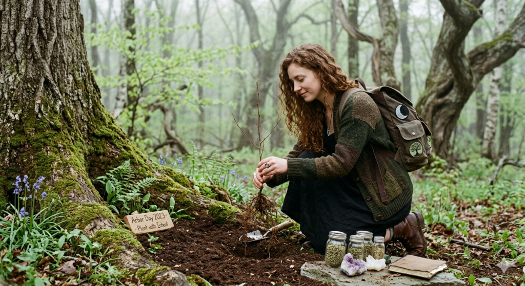 A woman with long wavy hair, wearing a green cardigan, kneeling in a mossy forest and planting a young sapling into the dark earth.