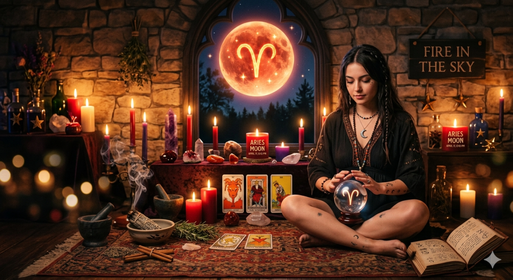 A mystical woman sitting cross-legged in a candlelit stone room performing a ritual under a glowing orange moon featuring the Aries zodiac symbol.