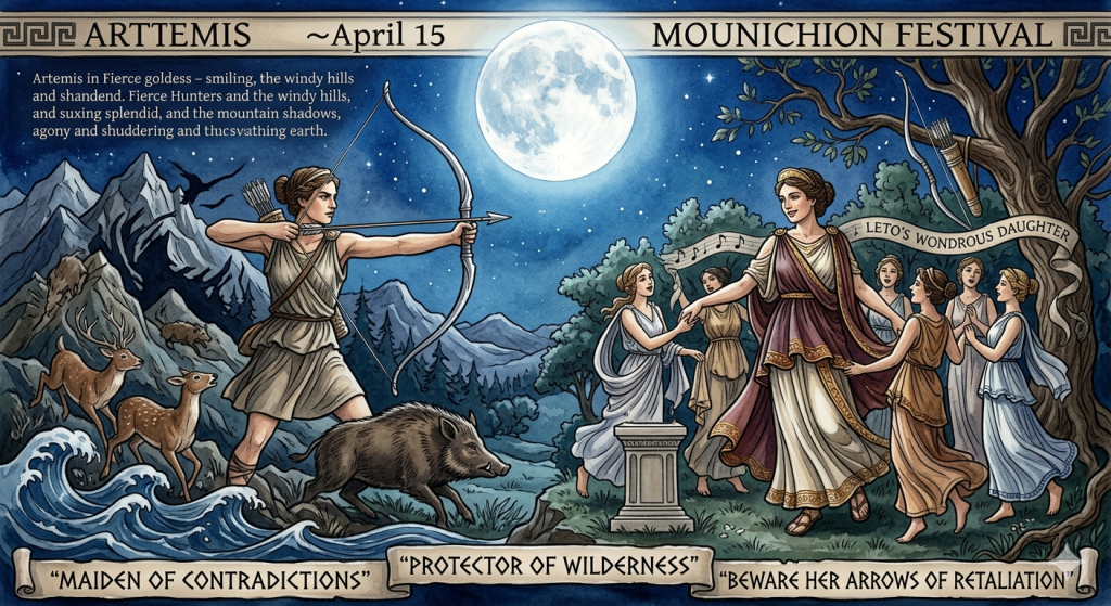 A split-style illustration of the Greek goddess Artemis under a large full moon. On the left, she is a fierce huntress with a bow aimed at a wild boar in a rugged mountain landscape. On the right, she is robed in splendor, smiling and leading a group of maidens in a celebratory dance near a forest.
