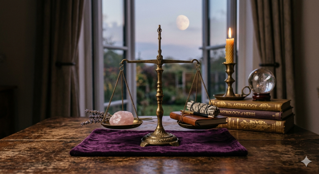 A set of brass vintage scales sits on a purple velvet cloth on a wooden table. One side holds a rose quartz stone and lavender, while the other holds a leather journal and an herb bundle. In the background, a lit candle, astrology books, and a crystal ball sit near an open window revealing a pale moon in the evening sky.