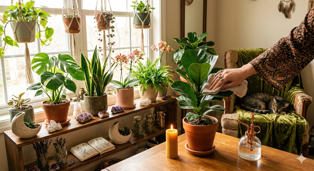 A person with silver rings gently wiping the leaves of a Fiddle Leaf Fig plant in a sunlit room filled with various houseplants, crystals, and a sleeping cat.
