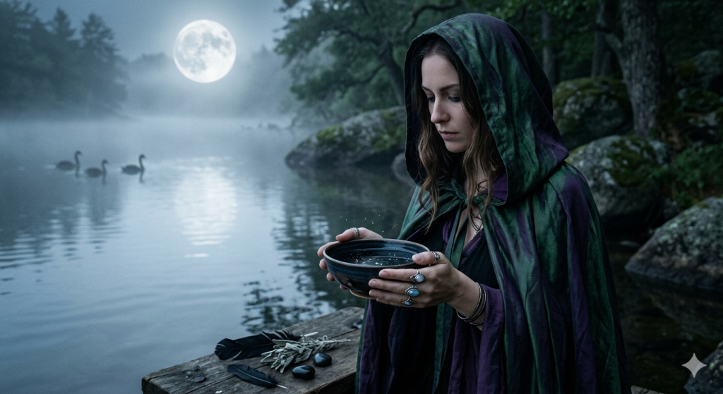 A practitioner in a hooded cloak holding a dark scrying bowl by a mist-covered lake at night, with a full moon overhead and swans swimming in the distance.