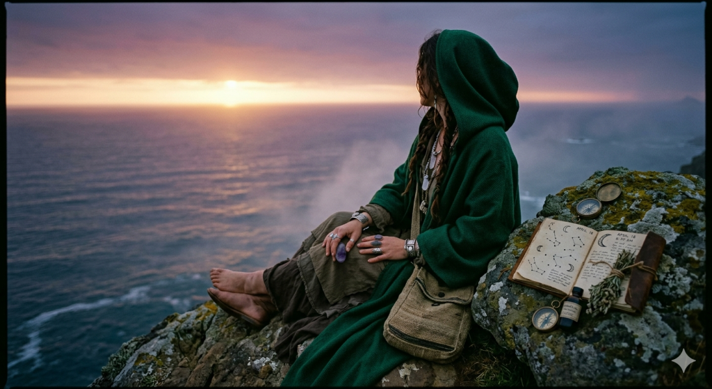A mystical woman in a green cloak sitting on a rocky cliff overlooking the ocean at sunrise, with an open grimoire, crystals, and vintage compasses arranged beside her to mark the Sun Trine Moon alignment.