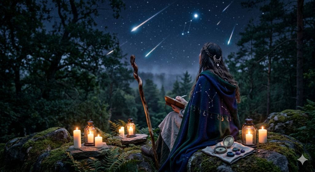A woman in a hooded cloak sits on a mossy forest rock at night, writing in a journal by candlelight while watching the Lyrids meteor shower overhead.