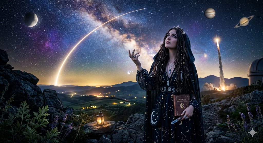 A witchy figure standing on a rocky cliff under a starlit night sky, holding a book, with a rocket launching in the distance beneath planetary alignments.