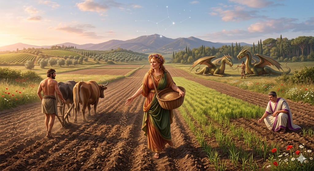 A Roman goddess, Ceres, walks through a tilled field at dawn, scattering grain from a wicker basket. In the background, a farmer plows with oxen, a prince kneels by the soil, and two tamed dragons rest near a distant mountain under a glowing constellation.
