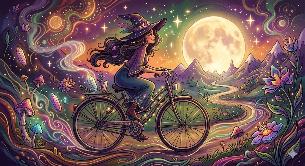 A mystical illustration depicting a witch in a starry hat riding a vintage bicycle through a vibrant, psychedelic landscape with swirling energy, glowing crystals, mushrooms, and a massive full moon.